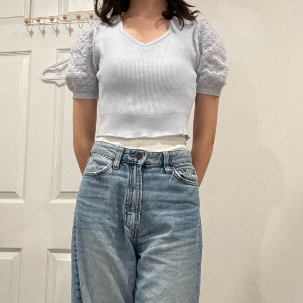 Pomelo Light Blue Textured Sleeve Top